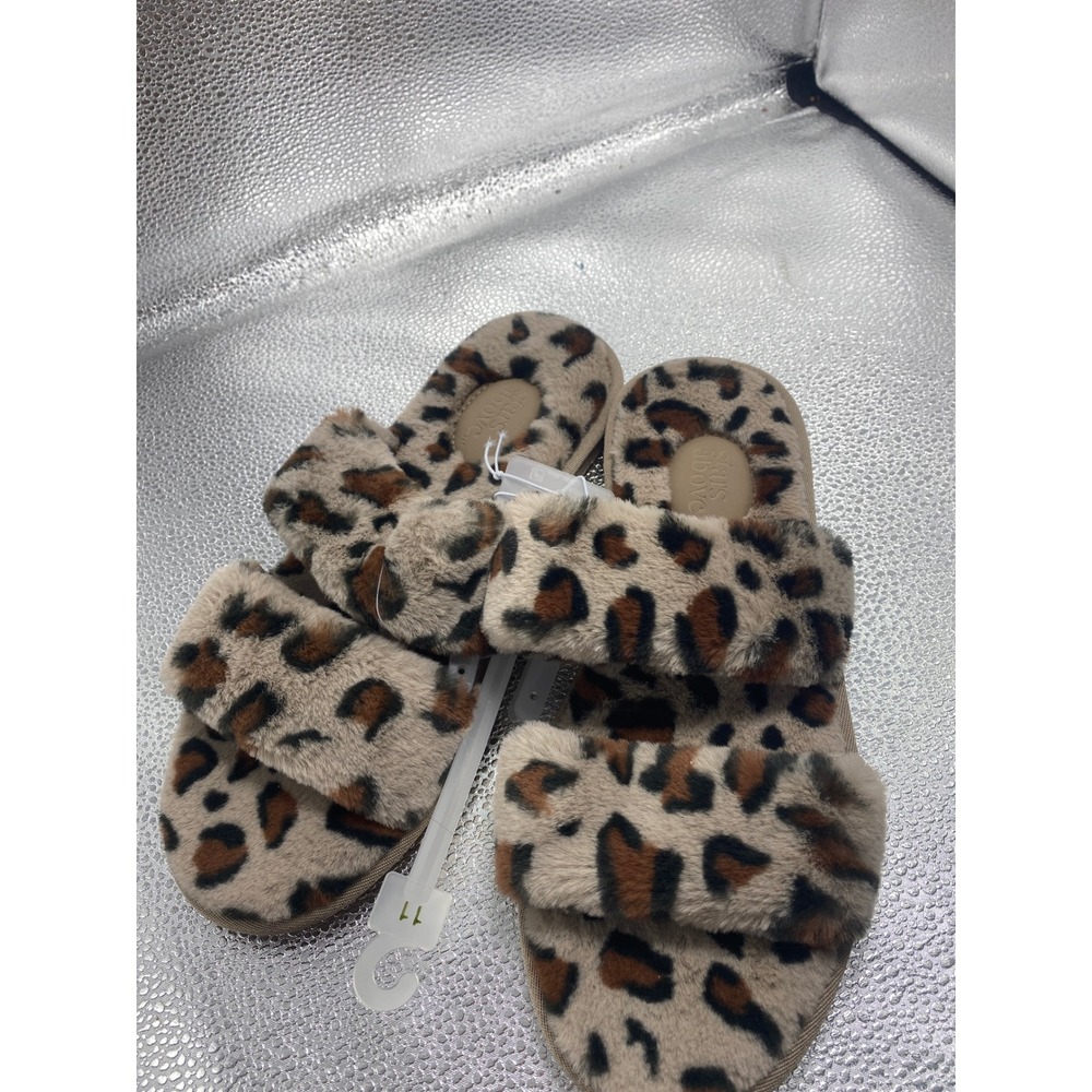 Stars Above Leopard Print Faux Fur Slide Slippers Double Strap Tan Brown Size 11